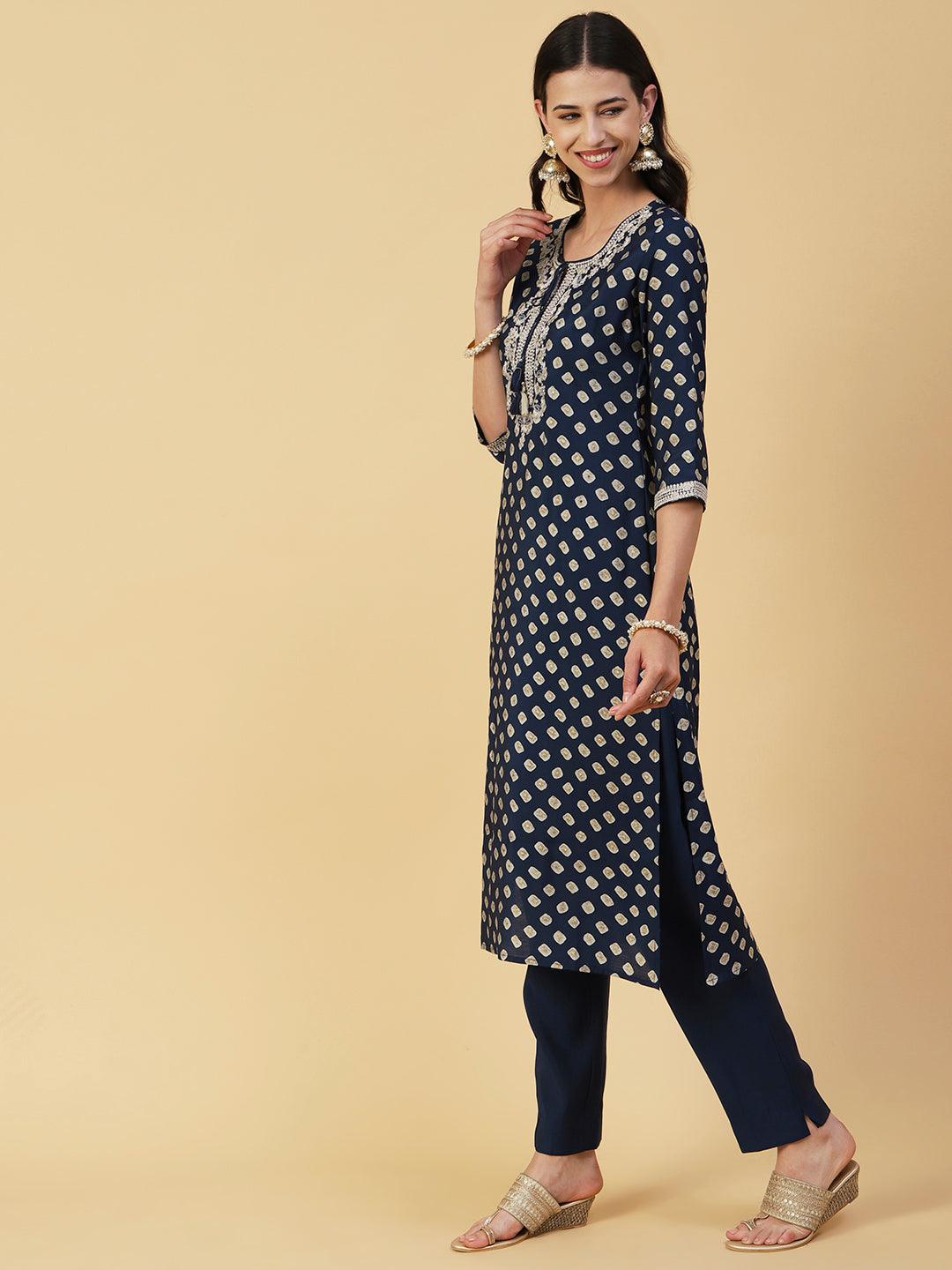 Abstract Printed Zari Dori Embroidered Kurta With Pants & Dupatta - Navy Blue - Indiakreations