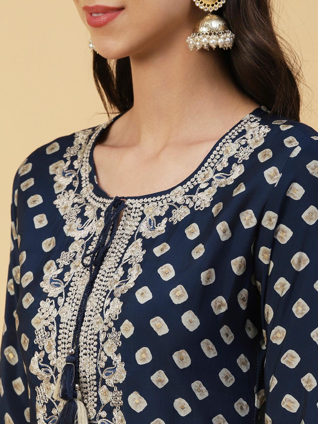 Abstract Printed Zari Dori Embroidered Kurta With Pants & Dupatta - Navy Blue - Indiakreations