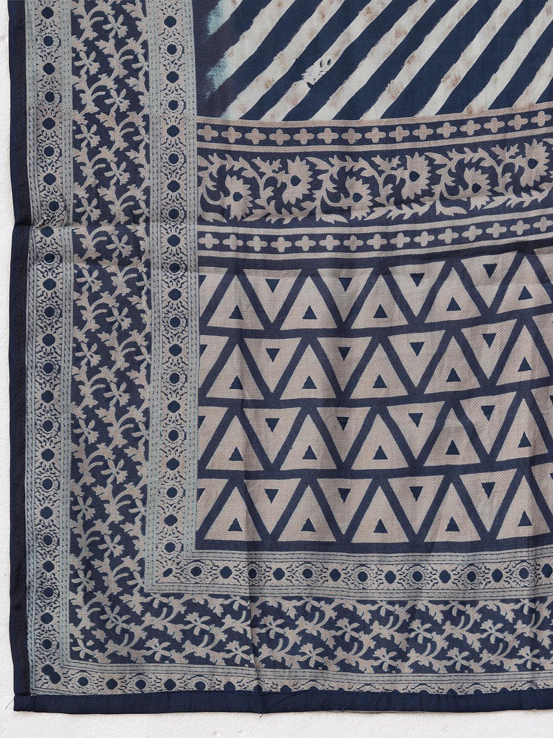 Abstract Printed Zari Dori Embroidered Kurta With Pants & Dupatta - Navy Blue - Indiakreations