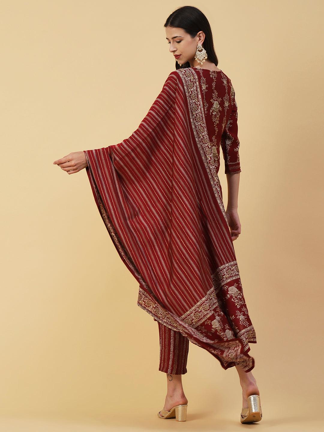 Floral Printed & Embroidered Straight Kurta with Palazzo & Dupatta - Maroon - Indiakreations