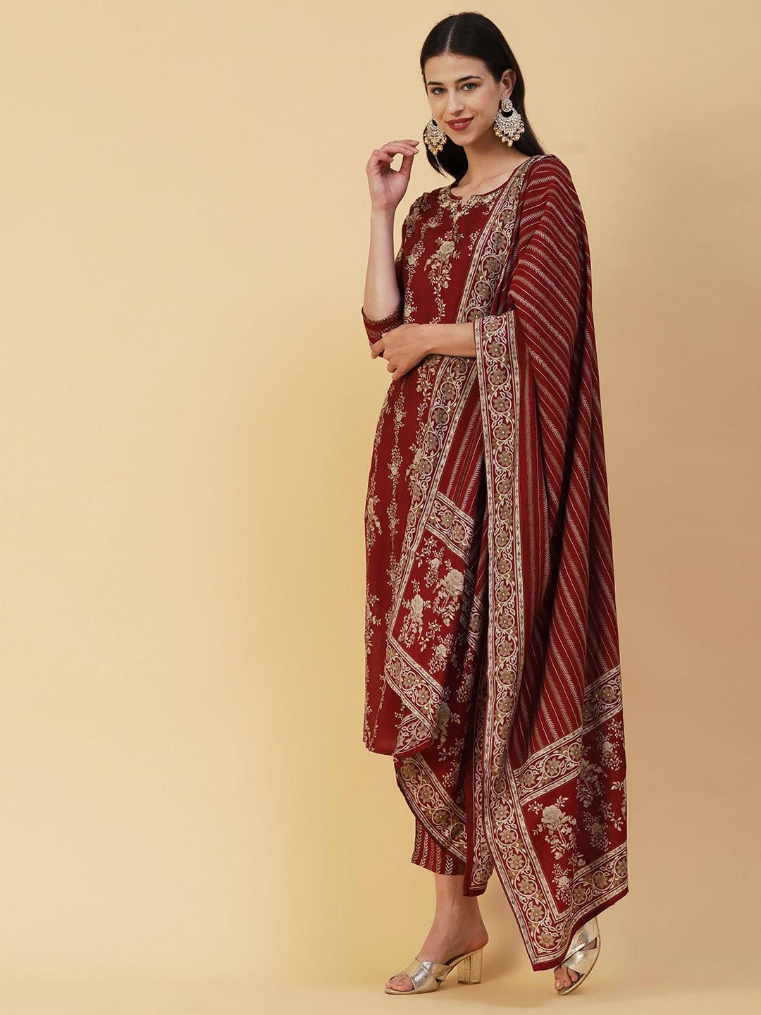 Floral Printed & Embroidered Straight Kurta with Palazzo & Dupatta - Maroon - Indiakreations