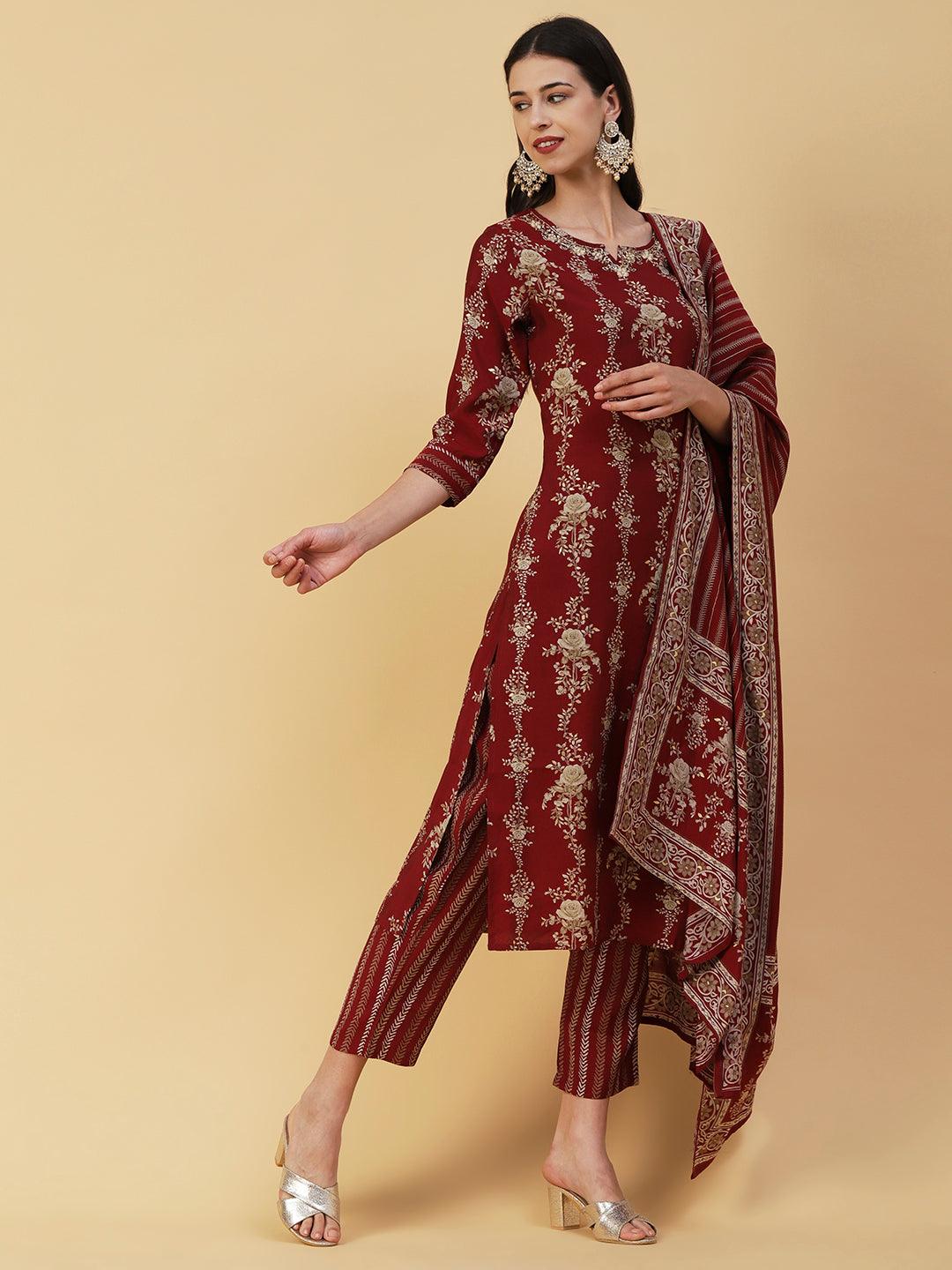 Floral Printed & Embroidered Straight Kurta with Palazzo & Dupatta - Maroon - Indiakreations