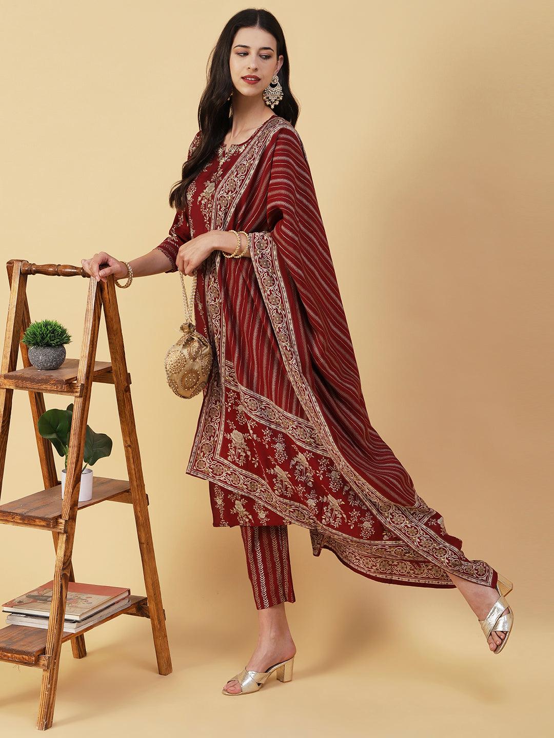 Floral Printed & Embroidered Straight Kurta with Palazzo & Dupatta - Maroon - Indiakreations