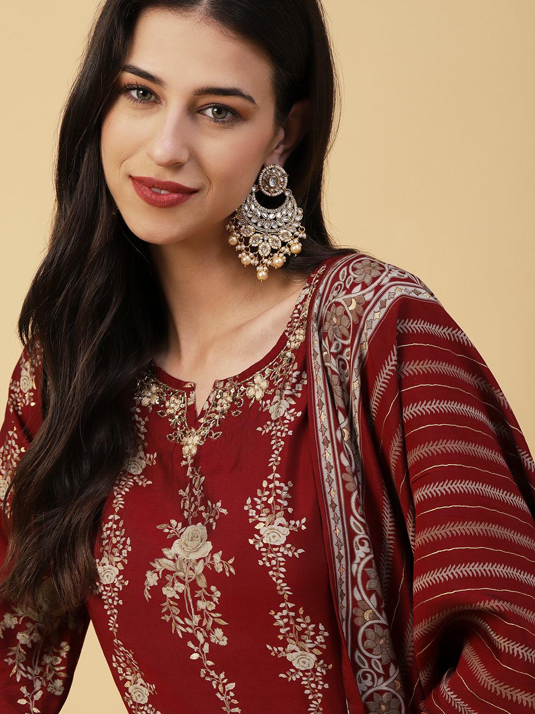 Floral Printed & Embroidered Straight Kurta with Palazzo & Dupatta - Maroon - Indiakreations