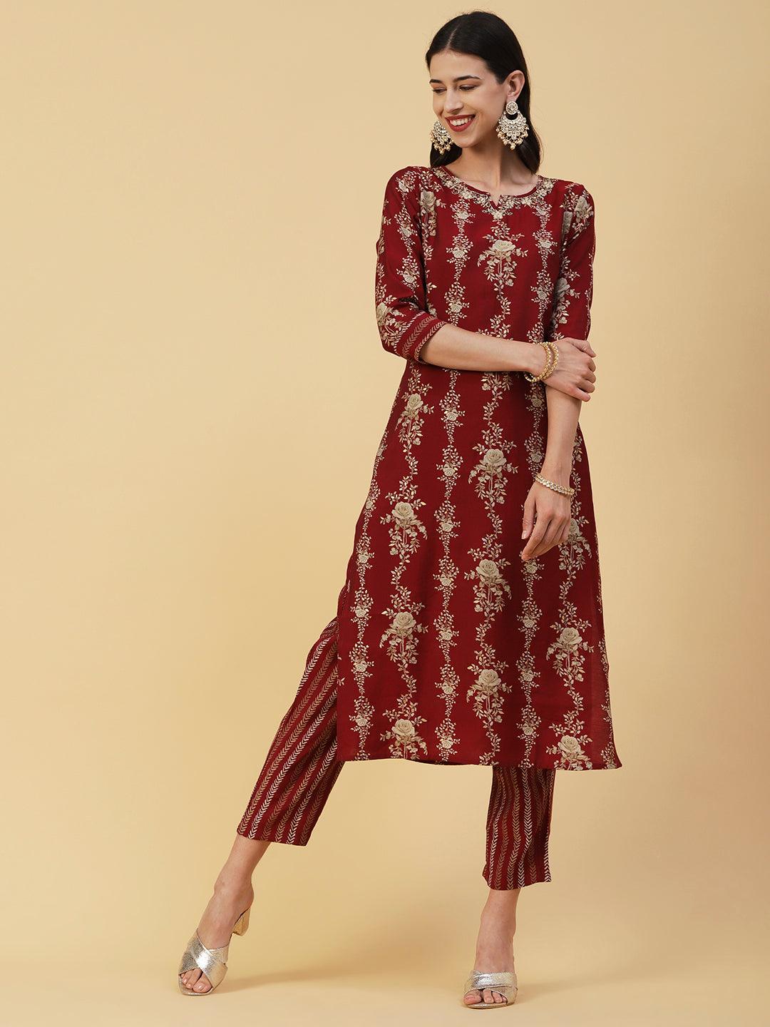 Floral Printed & Embroidered Straight Kurta with Palazzo & Dupatta - Maroon - Indiakreations