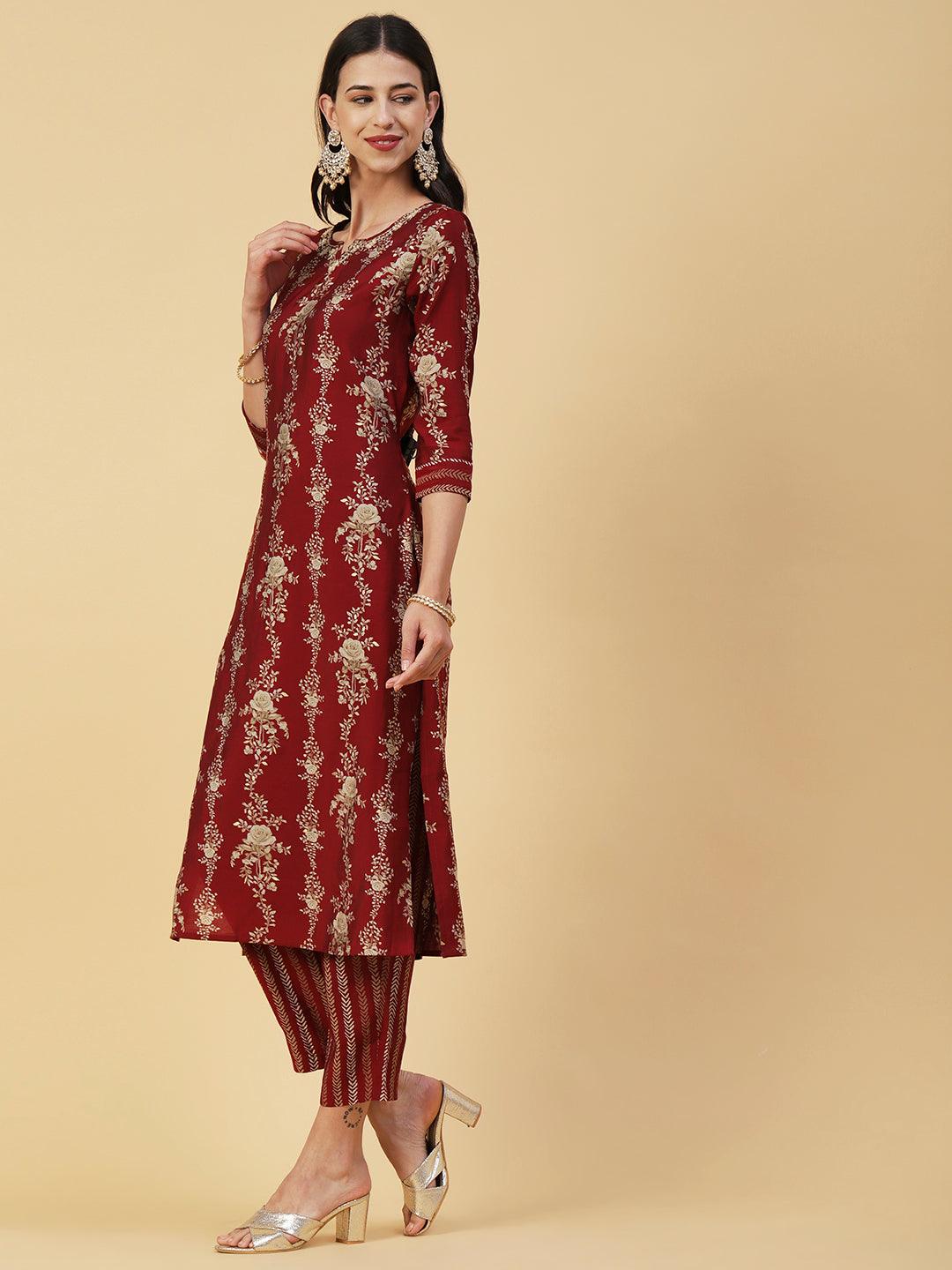 Floral Printed & Embroidered Straight Kurta with Palazzo & Dupatta - Maroon - Indiakreations