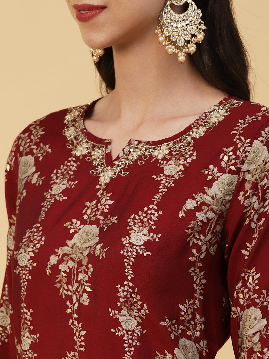 Floral Printed & Embroidered Straight Kurta with Palazzo & Dupatta - Maroon - Indiakreations