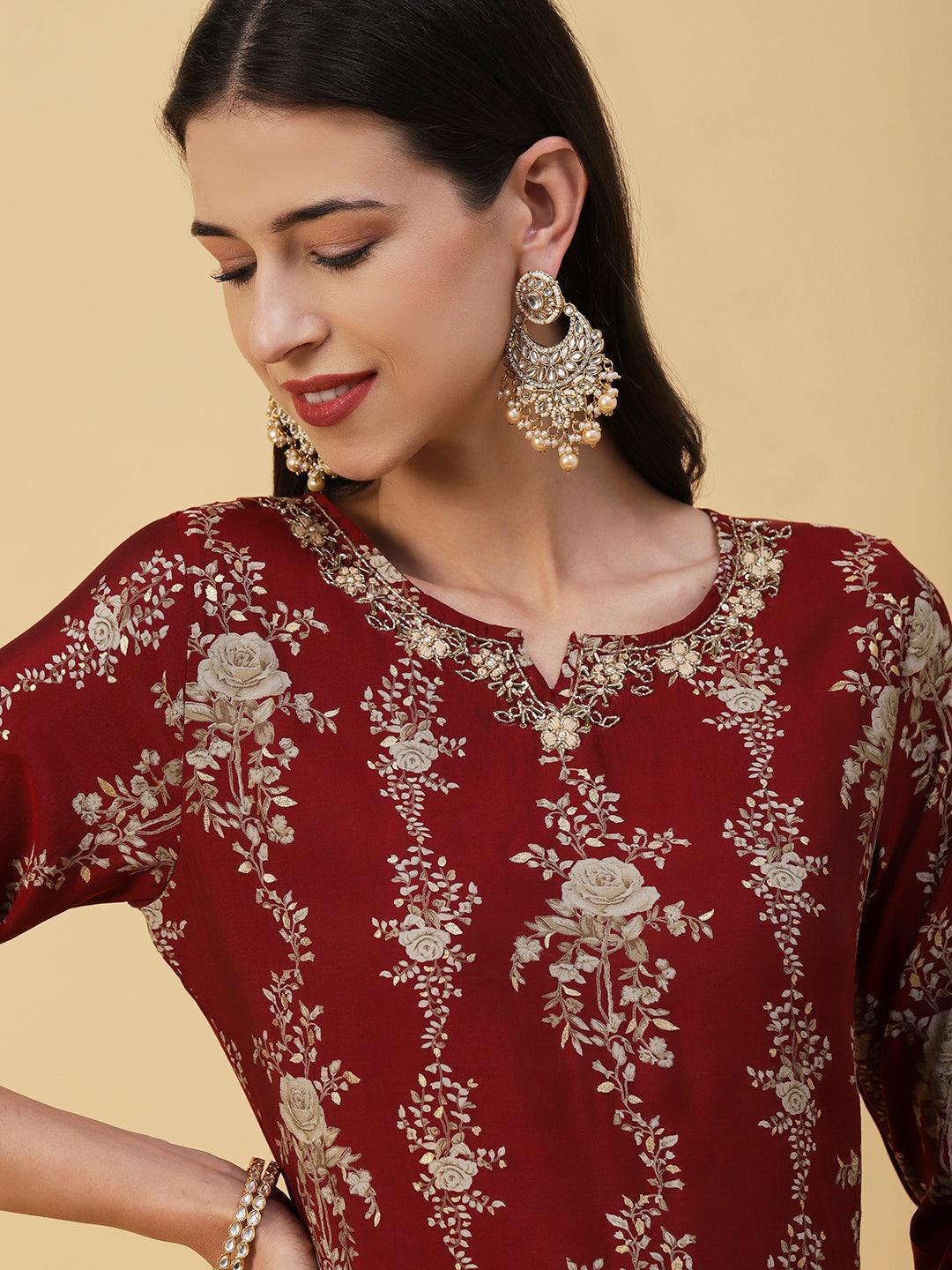 Floral Printed & Embroidered Straight Kurta with Palazzo & Dupatta - Maroon - Indiakreations