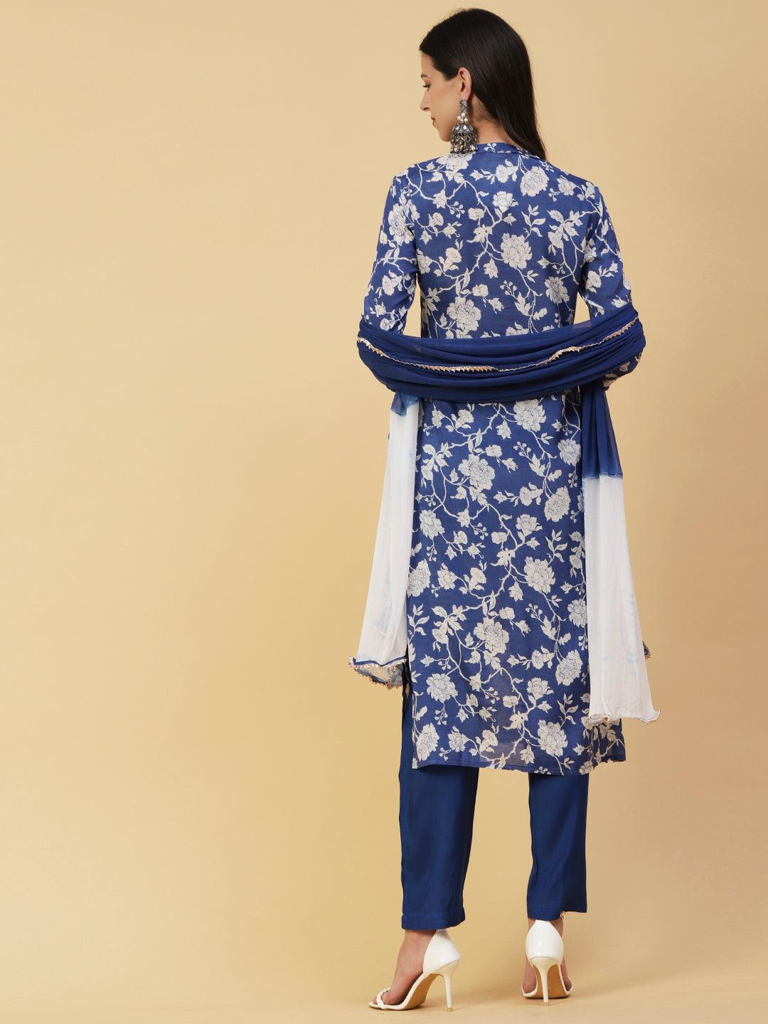 Floral Printed & Embroidered Straight Kurta with Pant & Dupatta - Blue - Indiakreations