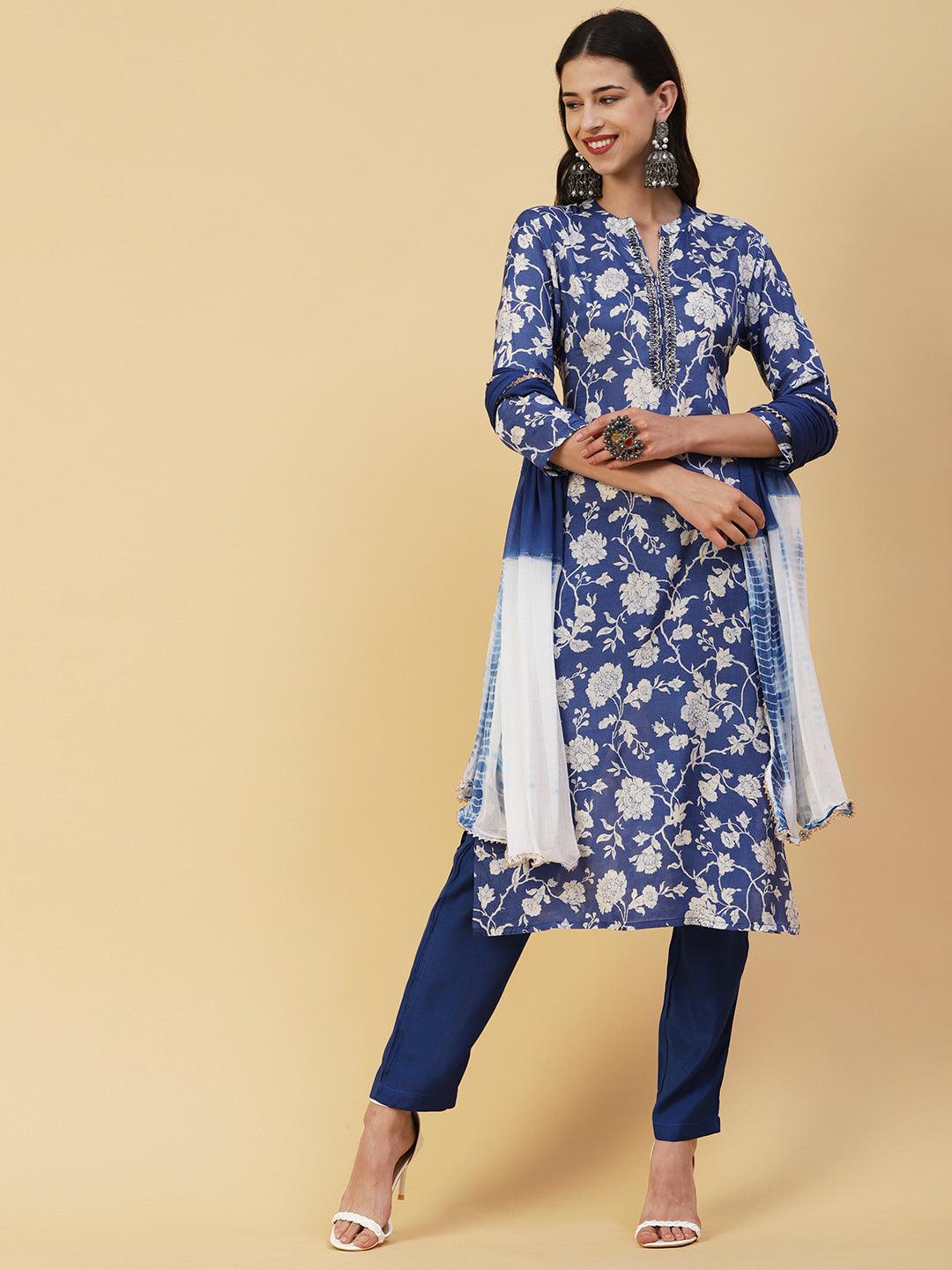 Floral Printed & Embroidered Straight Kurta with Pant & Dupatta - Blue - Indiakreations