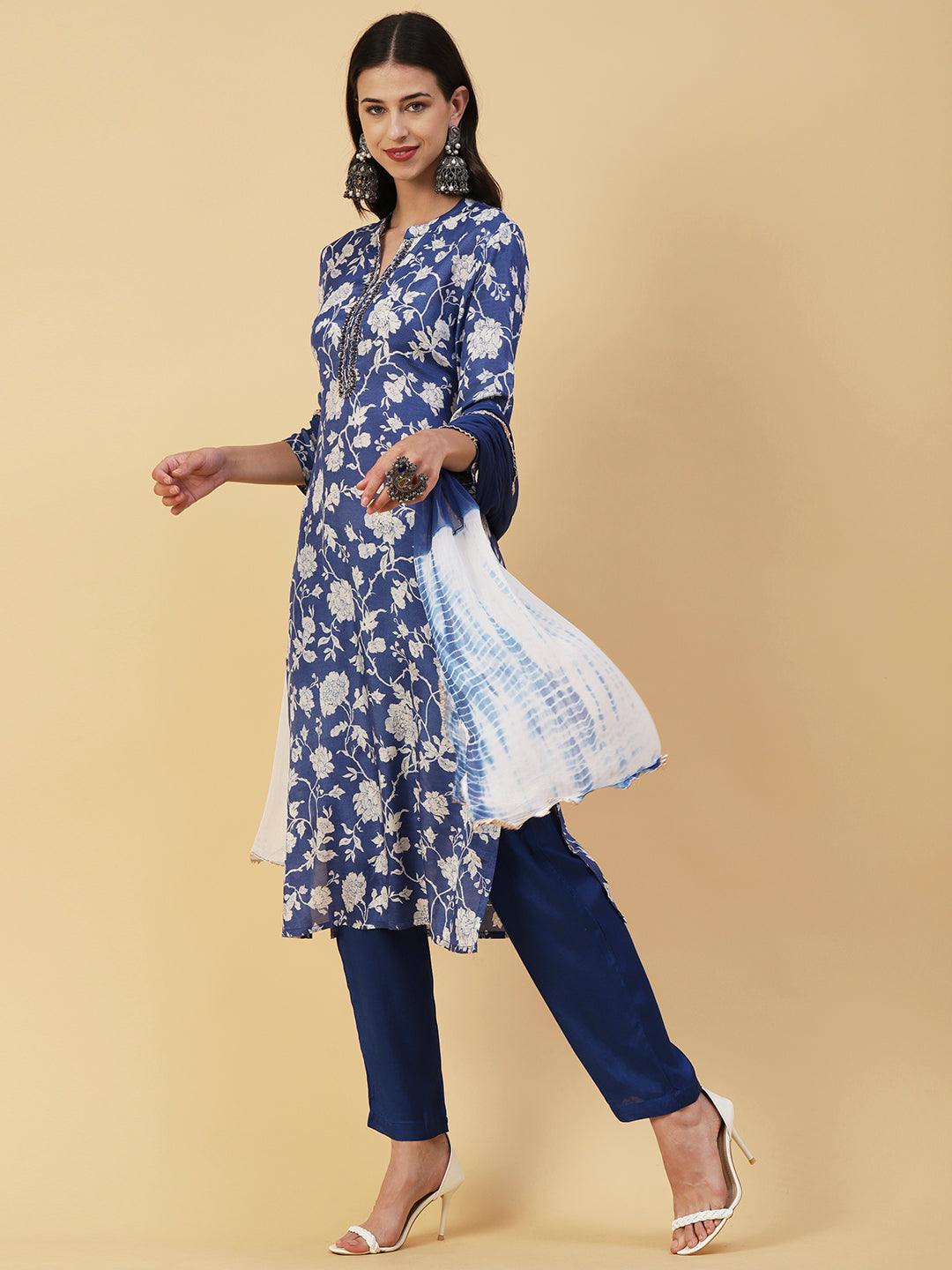 Floral Printed & Embroidered Straight Kurta with Pant & Dupatta - Blue - Indiakreations