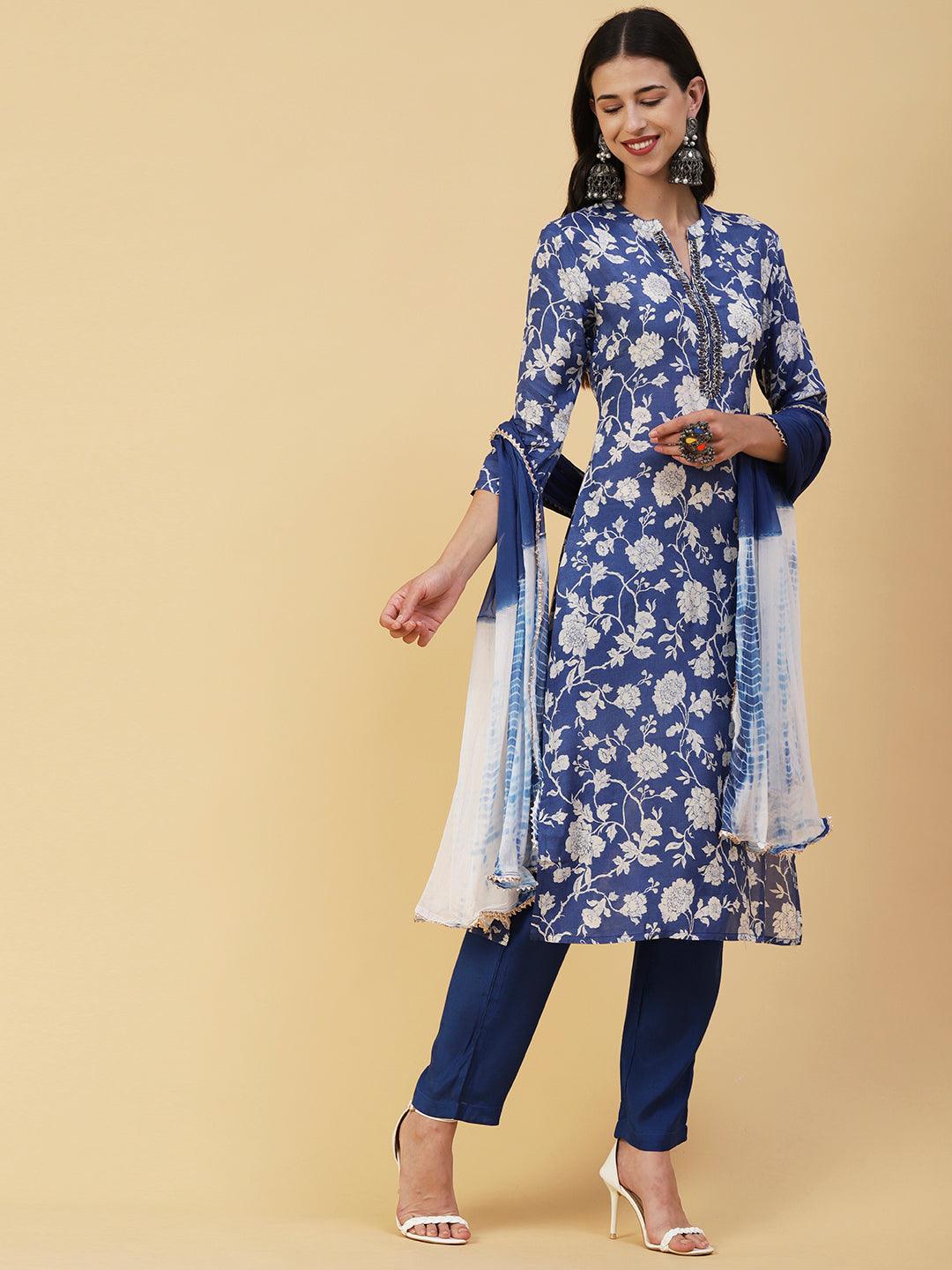 Floral Printed & Embroidered Straight Kurta with Pant & Dupatta - Blue - Indiakreations