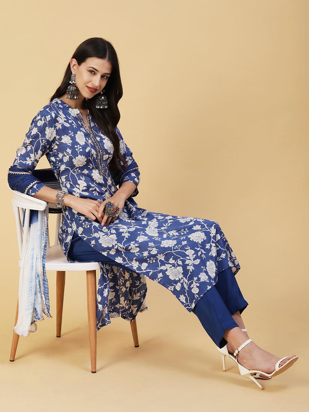 Floral Printed & Embroidered Straight Kurta with Pant & Dupatta - Blue - Indiakreations