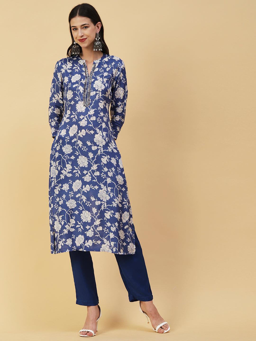 Floral Printed & Embroidered Straight Kurta with Pant & Dupatta - Blue - Indiakreations