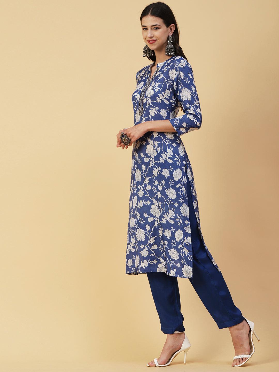 Floral Printed & Embroidered Straight Kurta with Pant & Dupatta - Blue - Indiakreations