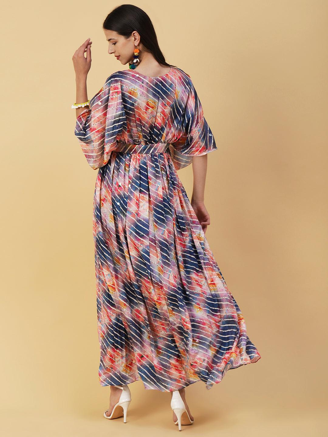 Abstract & Stripes Printed & Embroidered Fit & Flare Maxi Dress - Multi - Indiakreations