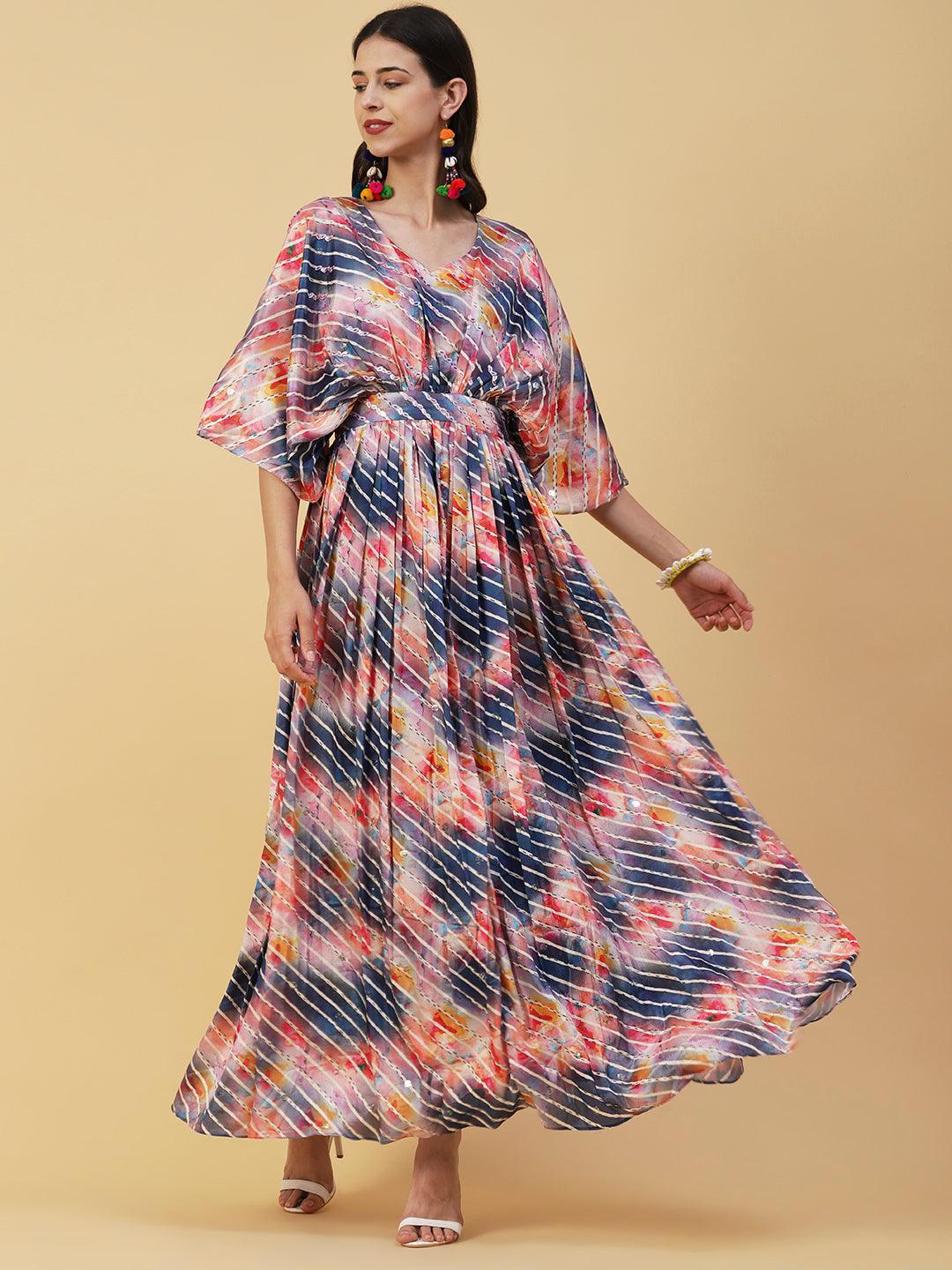 Abstract & Stripes Printed & Embroidered Fit & Flare Maxi Dress - Multi - Indiakreations