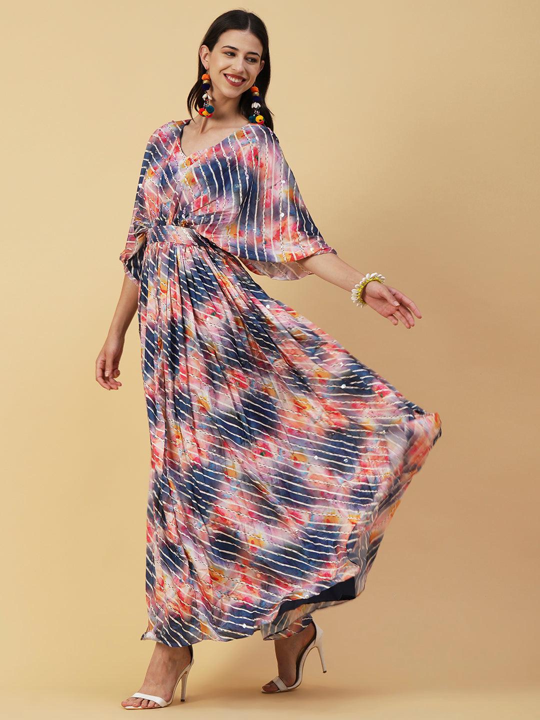 Abstract & Stripes Printed & Embroidered Fit & Flare Maxi Dress - Multi - Indiakreations