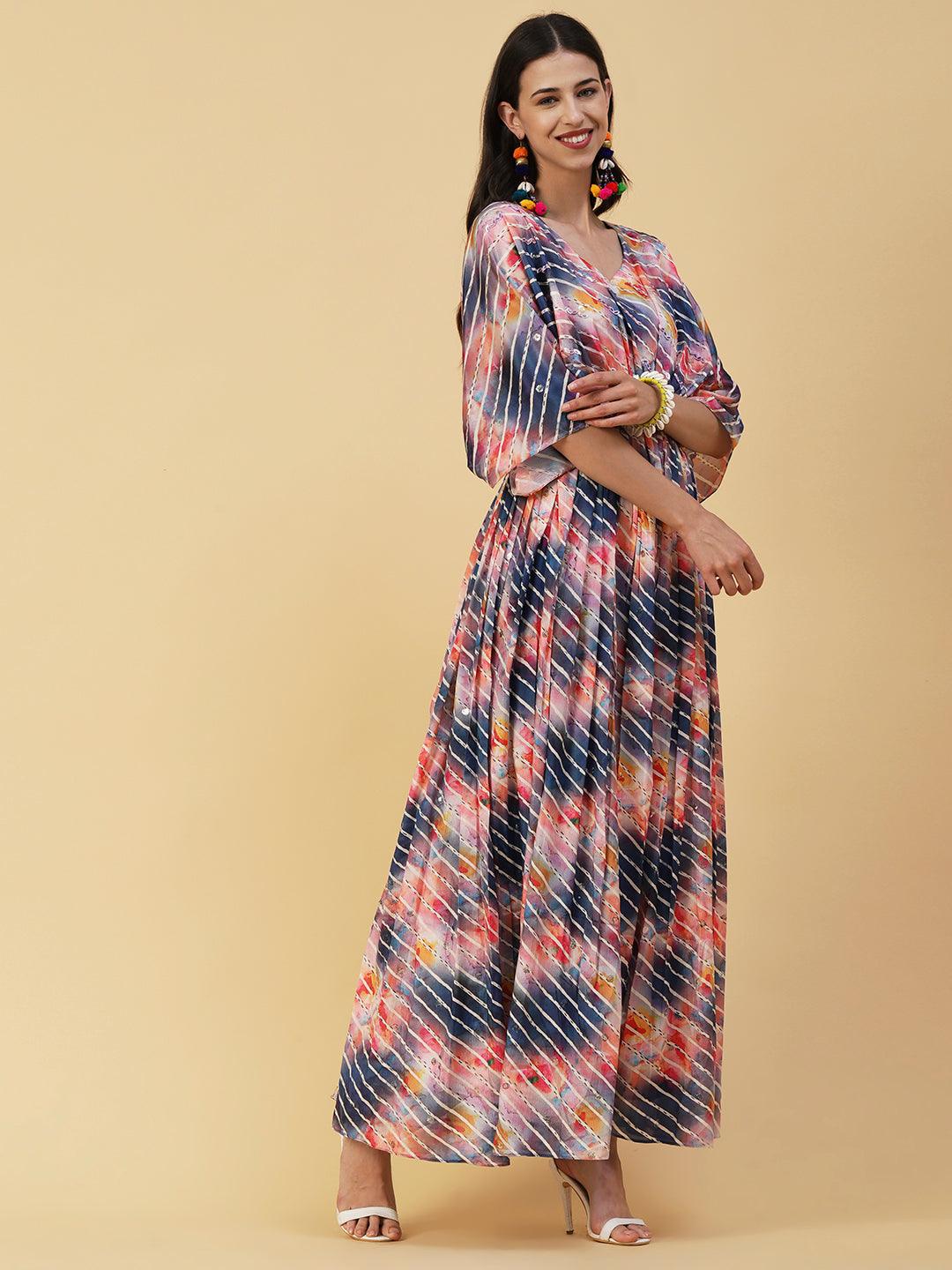 Abstract & Stripes Printed & Embroidered Fit & Flare Maxi Dress - Multi - Indiakreations