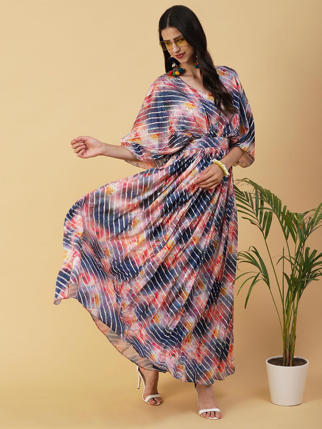 Abstract & Stripes Printed & Embroidered Fit & Flare Maxi Dress - Multi - Indiakreations