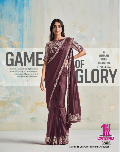 Dazzling Party Wear Embroidered Satin Silk Crepe Saree In Wine - Indiakreations