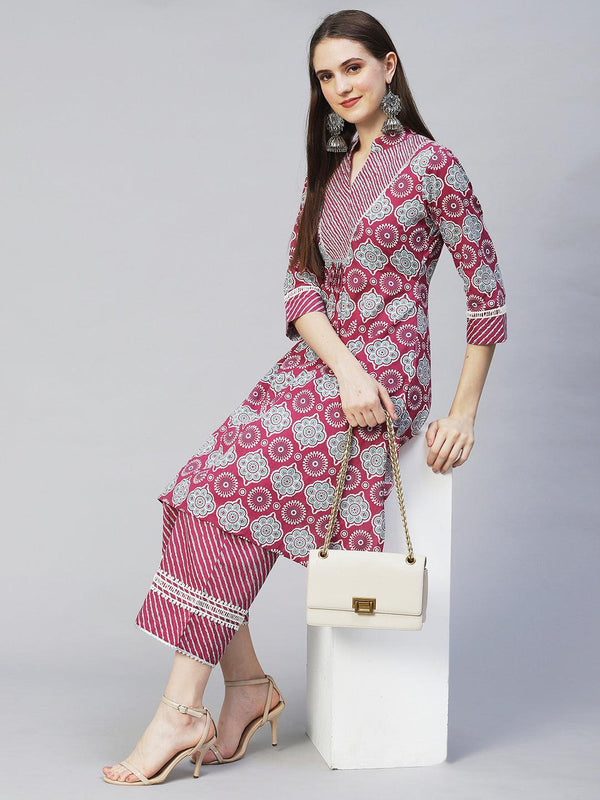 Ethnic Printed & Embroidered A-Line Kurta with Palazzo - Purple - Indiakreations