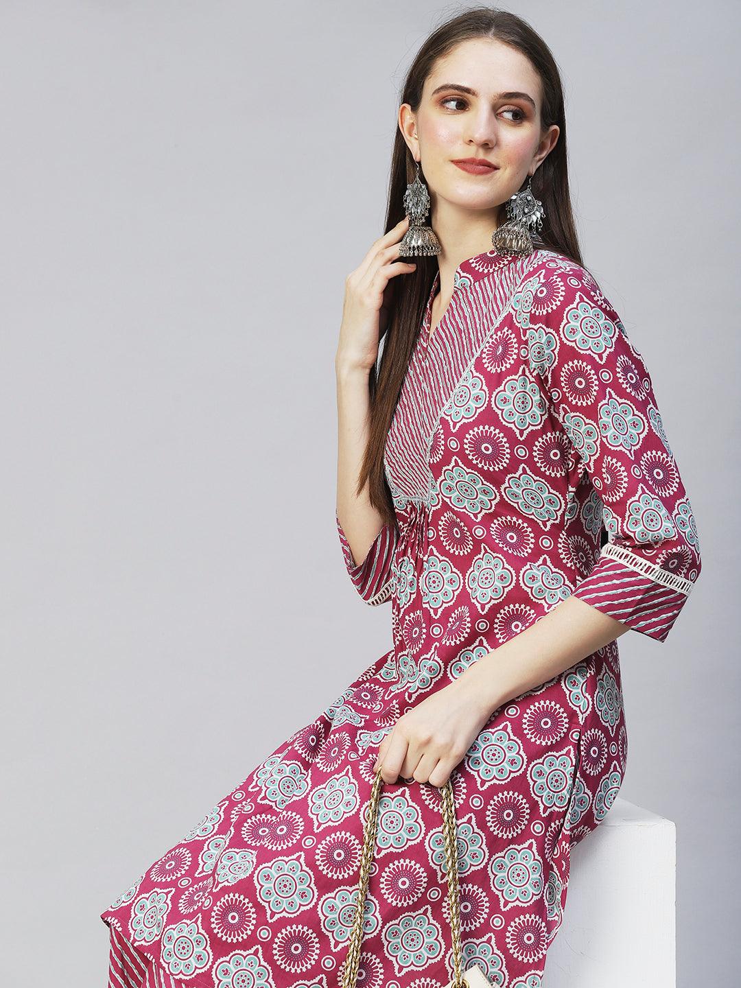 Ethnic Printed & Embroidered A-Line Kurta with Palazzo - Purple - Indiakreations