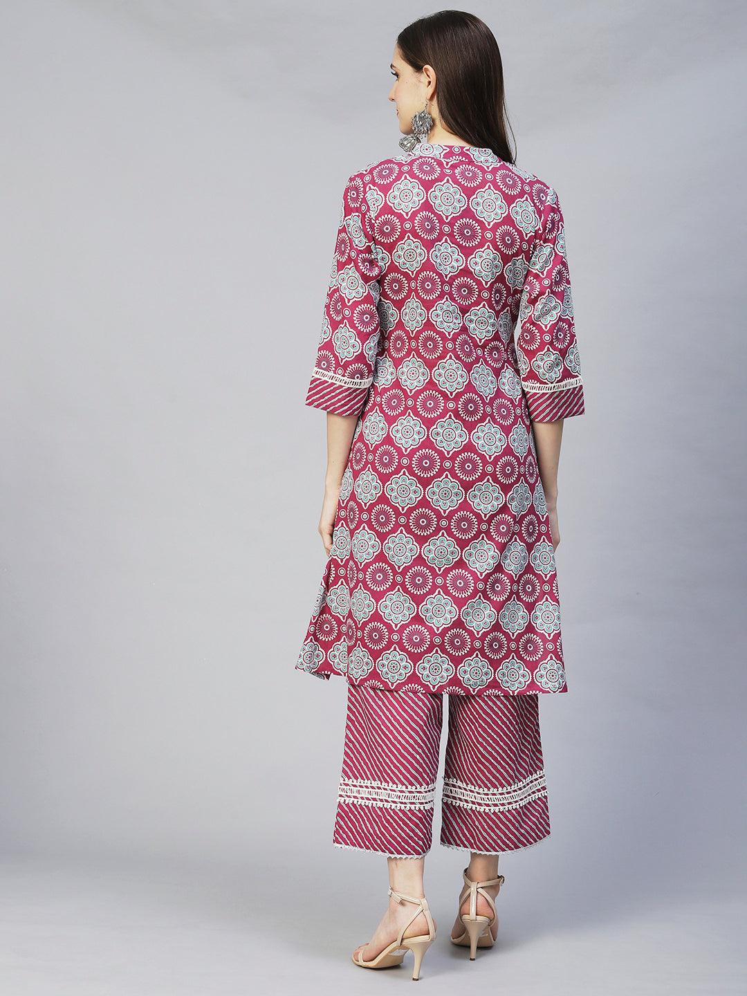 Ethnic Printed & Embroidered A-Line Kurta with Palazzo - Purple - Indiakreations