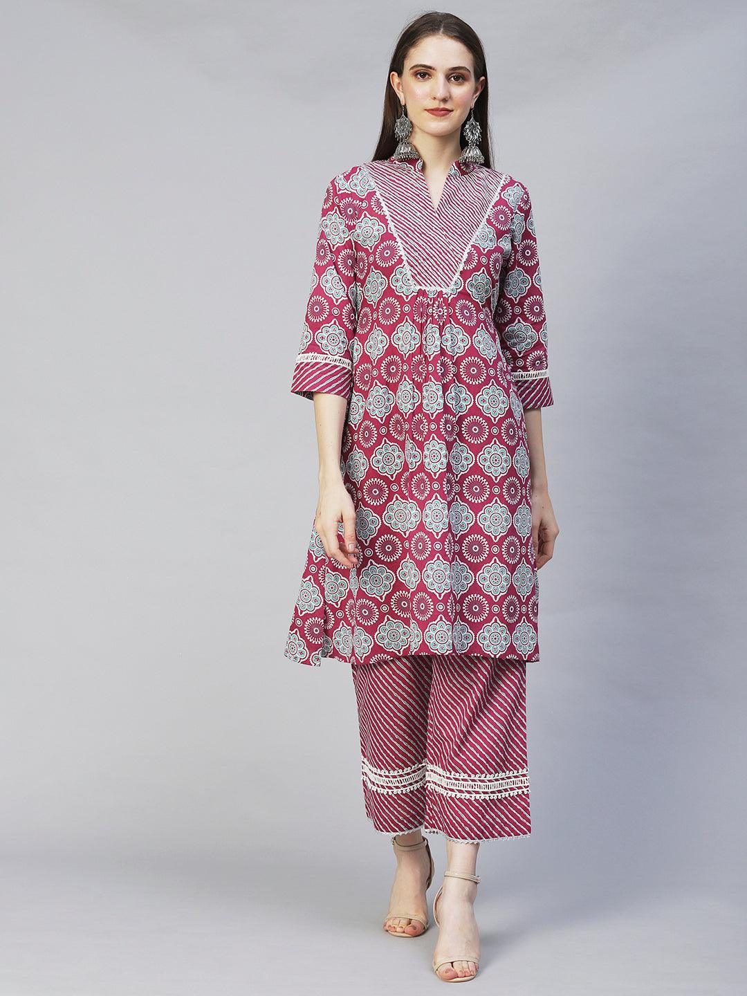 Ethnic Printed & Embroidered A-Line Kurta with Palazzo - Purple - Indiakreations