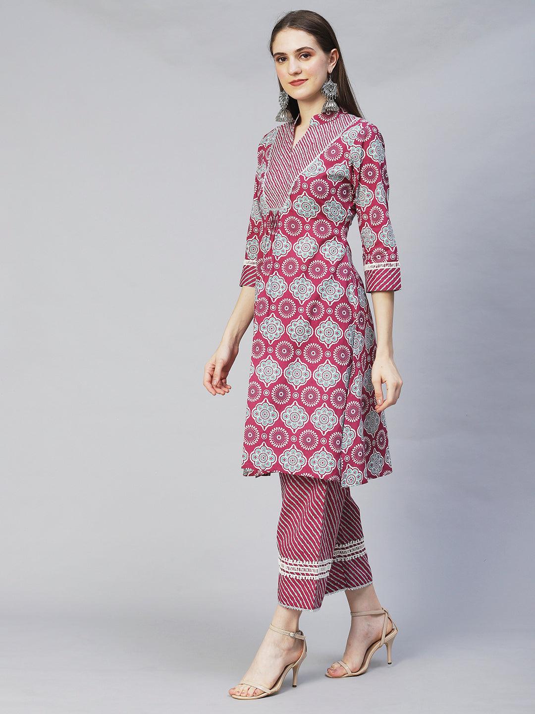 Ethnic Printed & Embroidered A-Line Kurta with Palazzo - Purple - Indiakreations