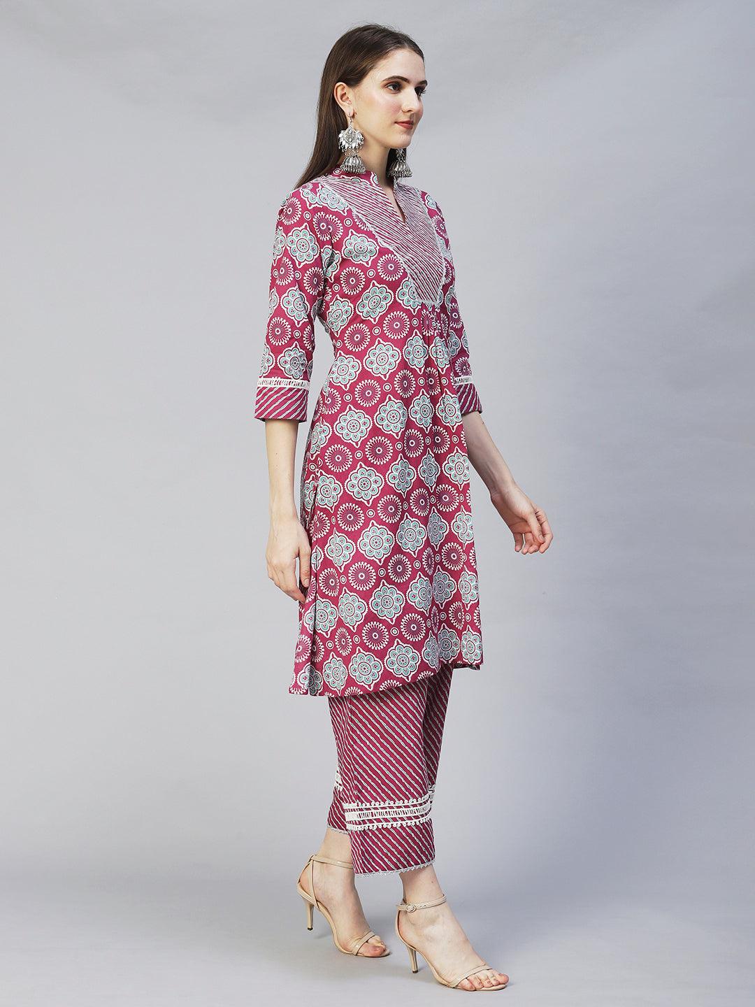 Ethnic Printed & Embroidered A-Line Kurta with Palazzo - Purple - Indiakreations