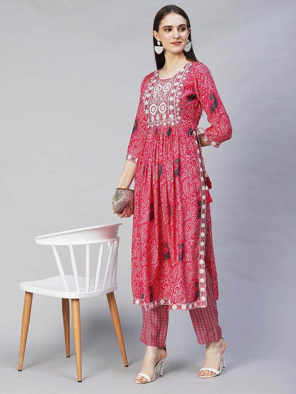 Ethnic Printed & Embroidered A-Line Kurta with Pants - Pink - Indiakreations