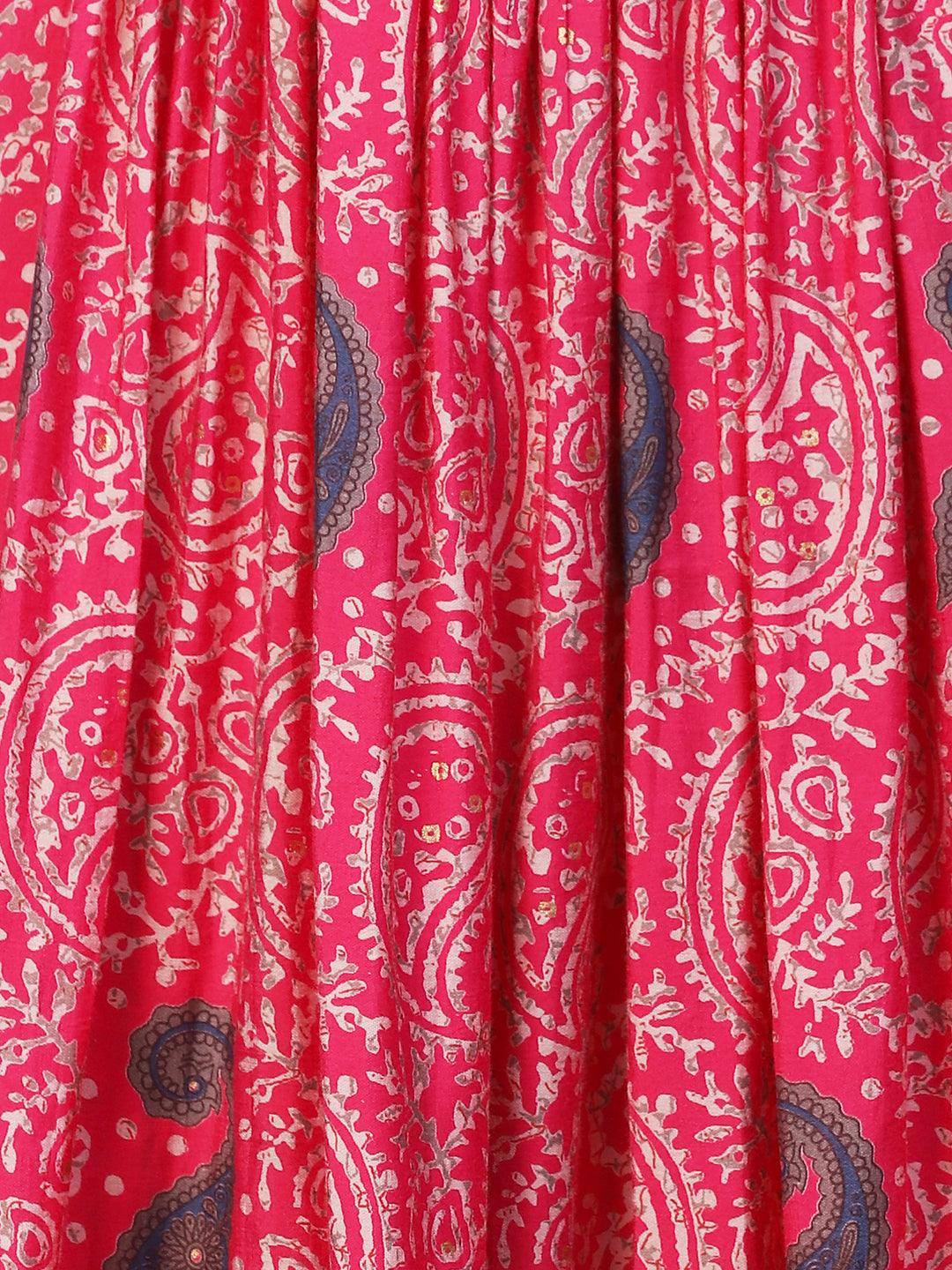 Ethnic Printed & Embroidered A-Line Kurta with Pants - Pink - Indiakreations