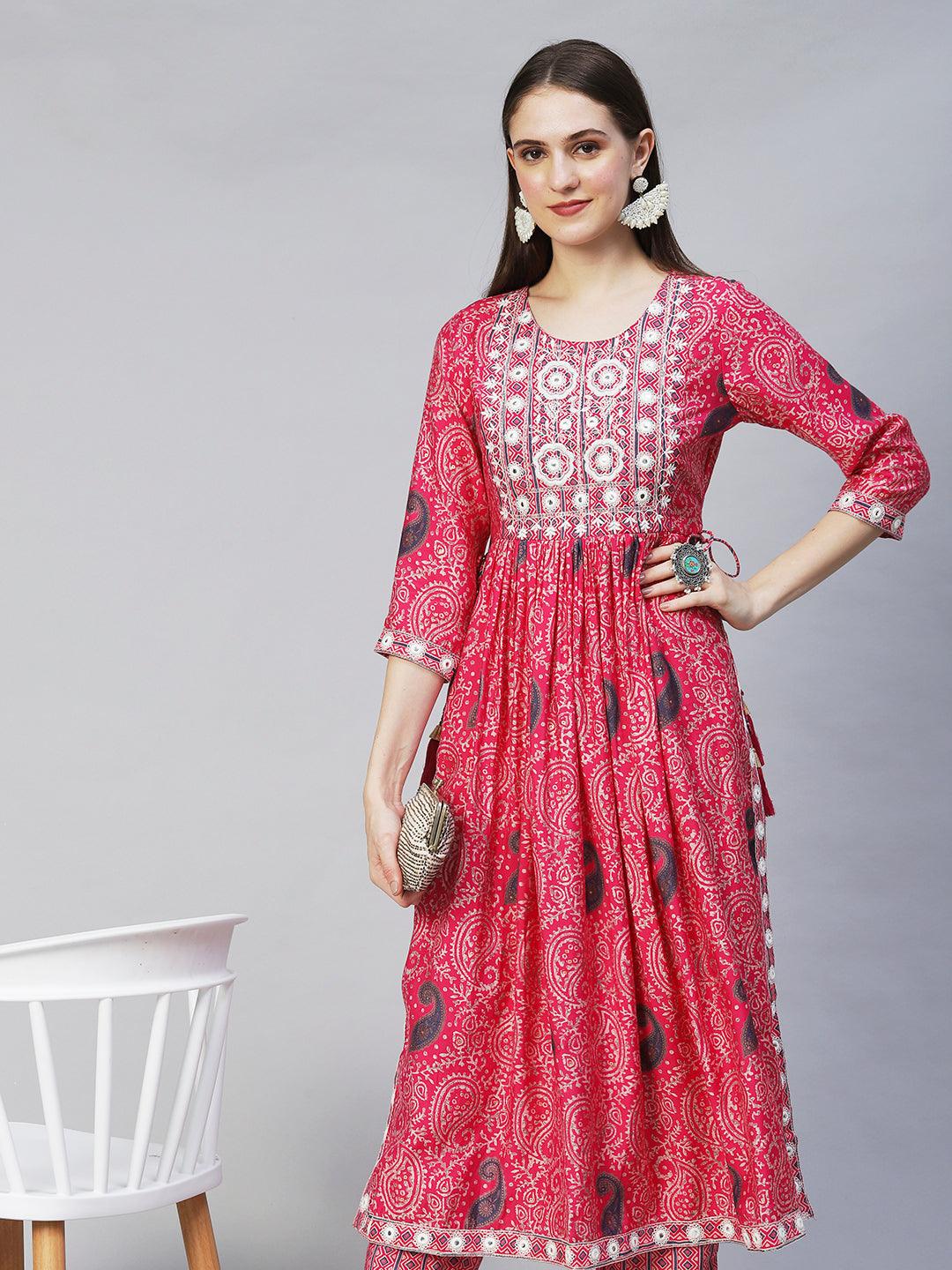 Ethnic Printed & Embroidered A-Line Kurta with Pants - Pink - Indiakreations