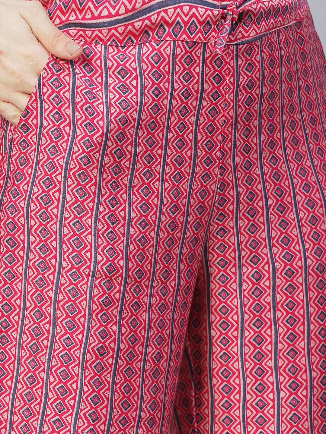 Ethnic Printed & Embroidered A-Line Kurta with Pants - Pink - Indiakreations