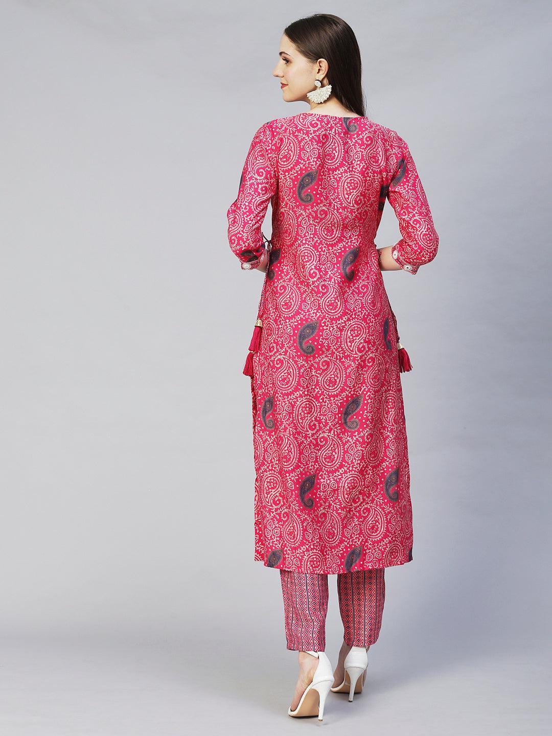 Ethnic Printed & Embroidered A-Line Kurta with Pants - Pink - Indiakreations