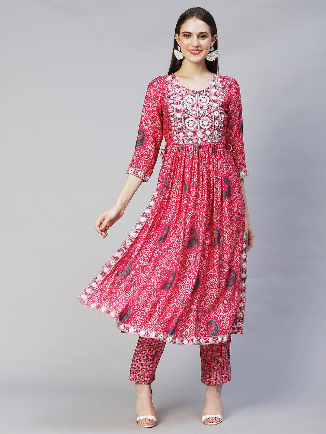 Ethnic Printed & Embroidered A-Line Kurta with Pants - Pink - Indiakreations