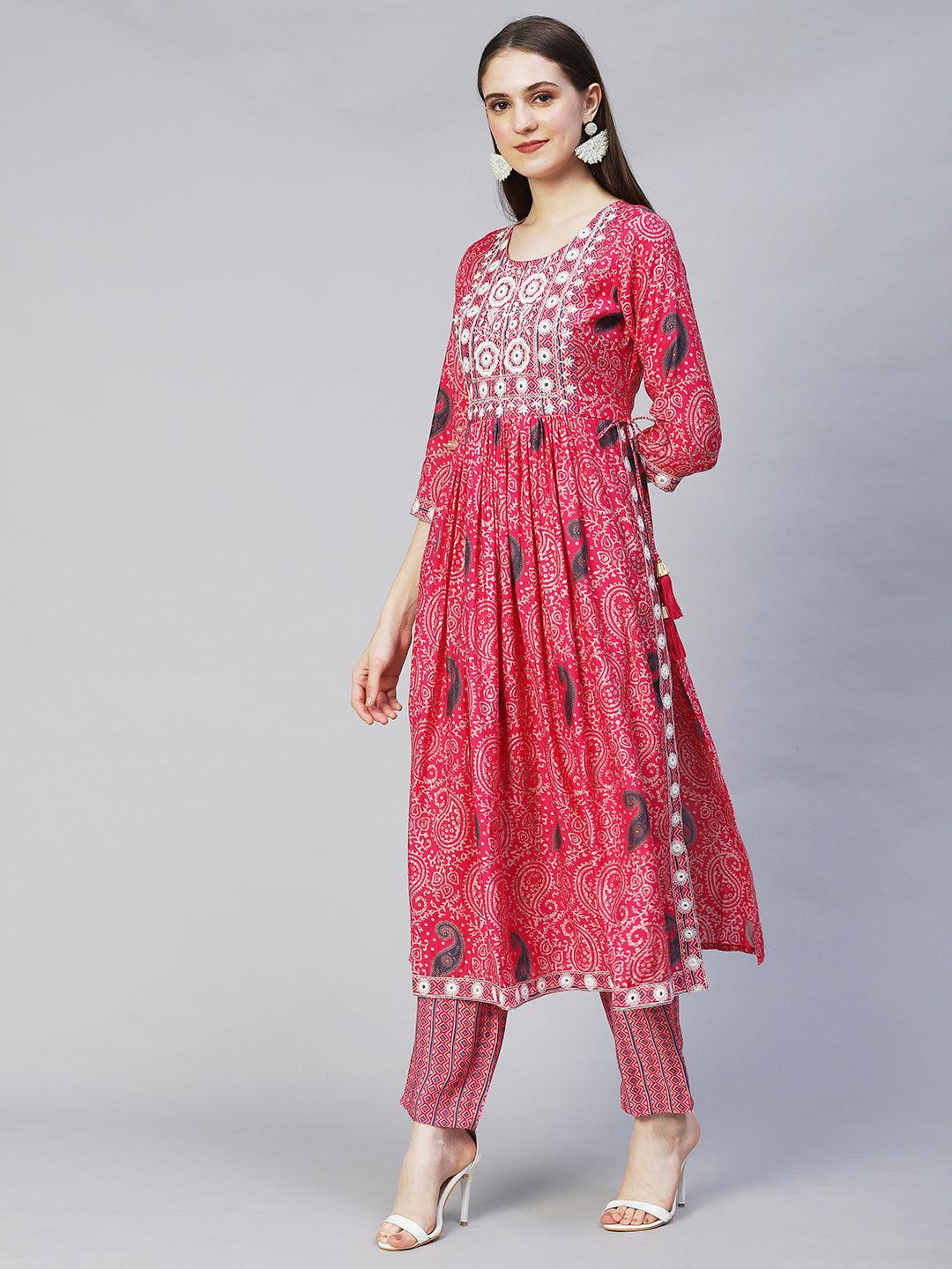 Ethnic Printed & Embroidered A-Line Kurta with Pants - Pink - Indiakreations