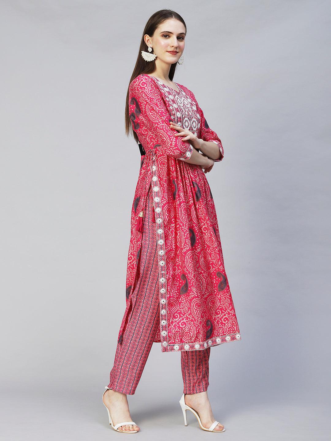 Ethnic Printed & Embroidered A-Line Kurta with Pants - Pink - Indiakreations