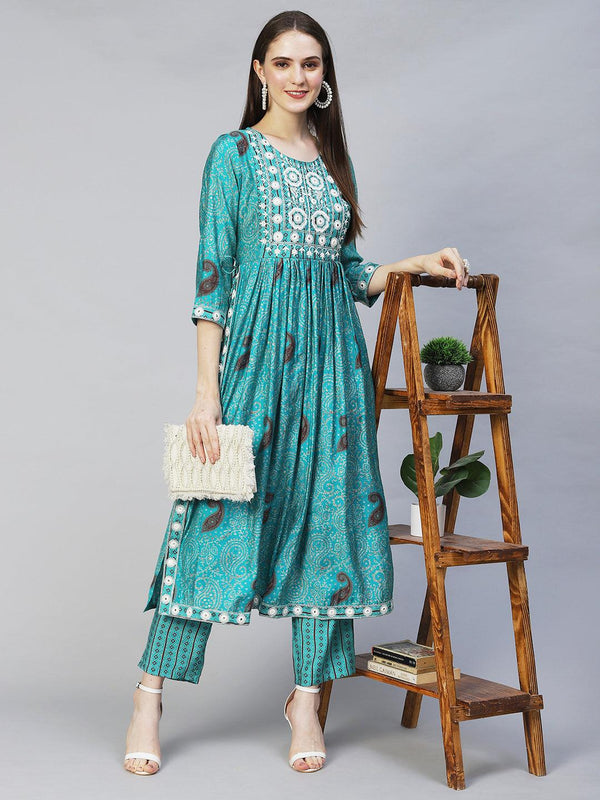 Ethnic Printed & Embroidered A-Line Kurta with Pants - Turquoise - Indiakreations