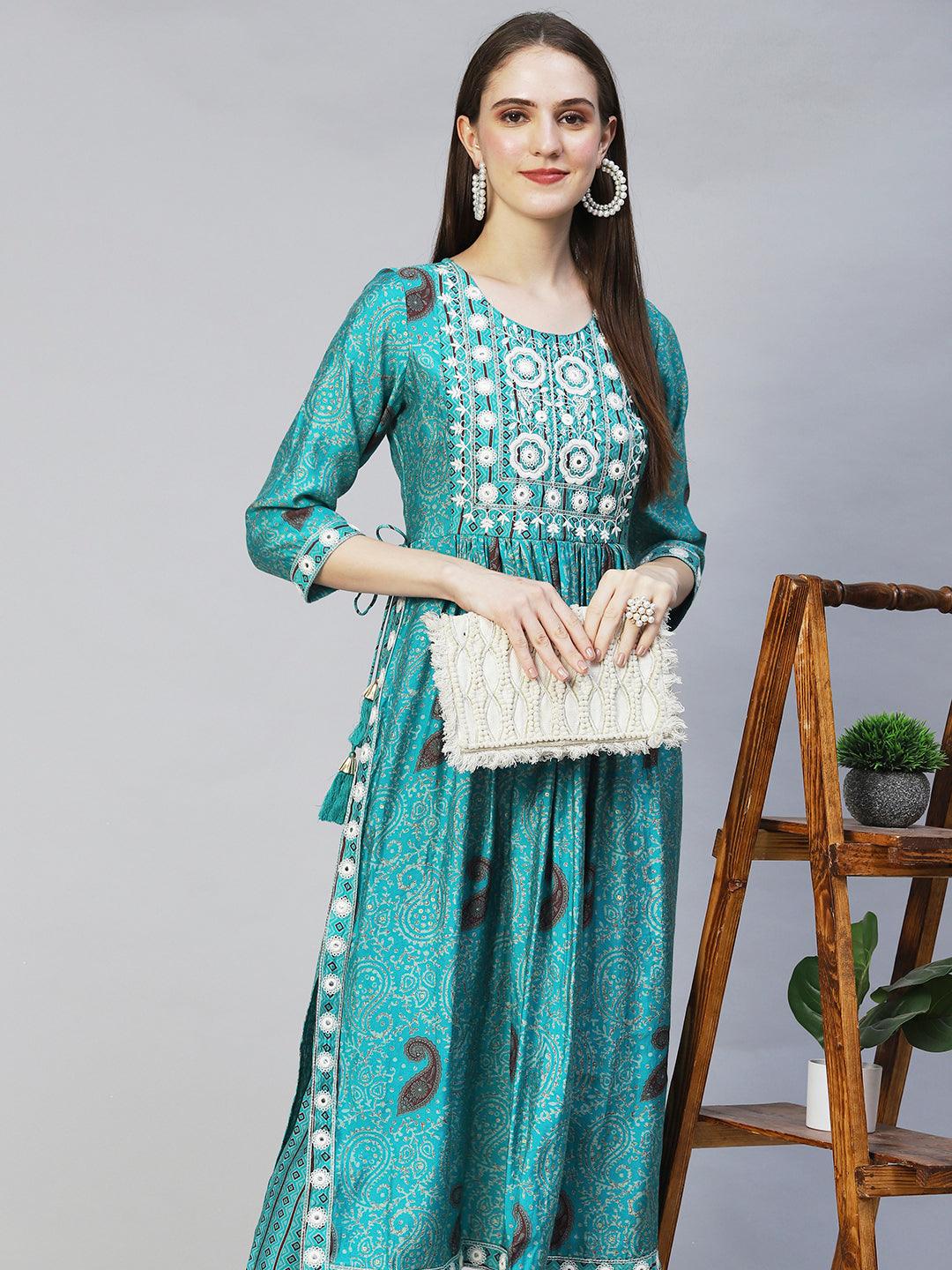 Ethnic Printed & Embroidered A-Line Kurta with Pants - Turquoise - Indiakreations