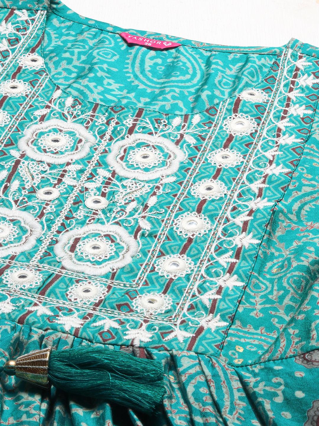 Ethnic Printed & Embroidered A-Line Kurta with Pants - Turquoise - Indiakreations