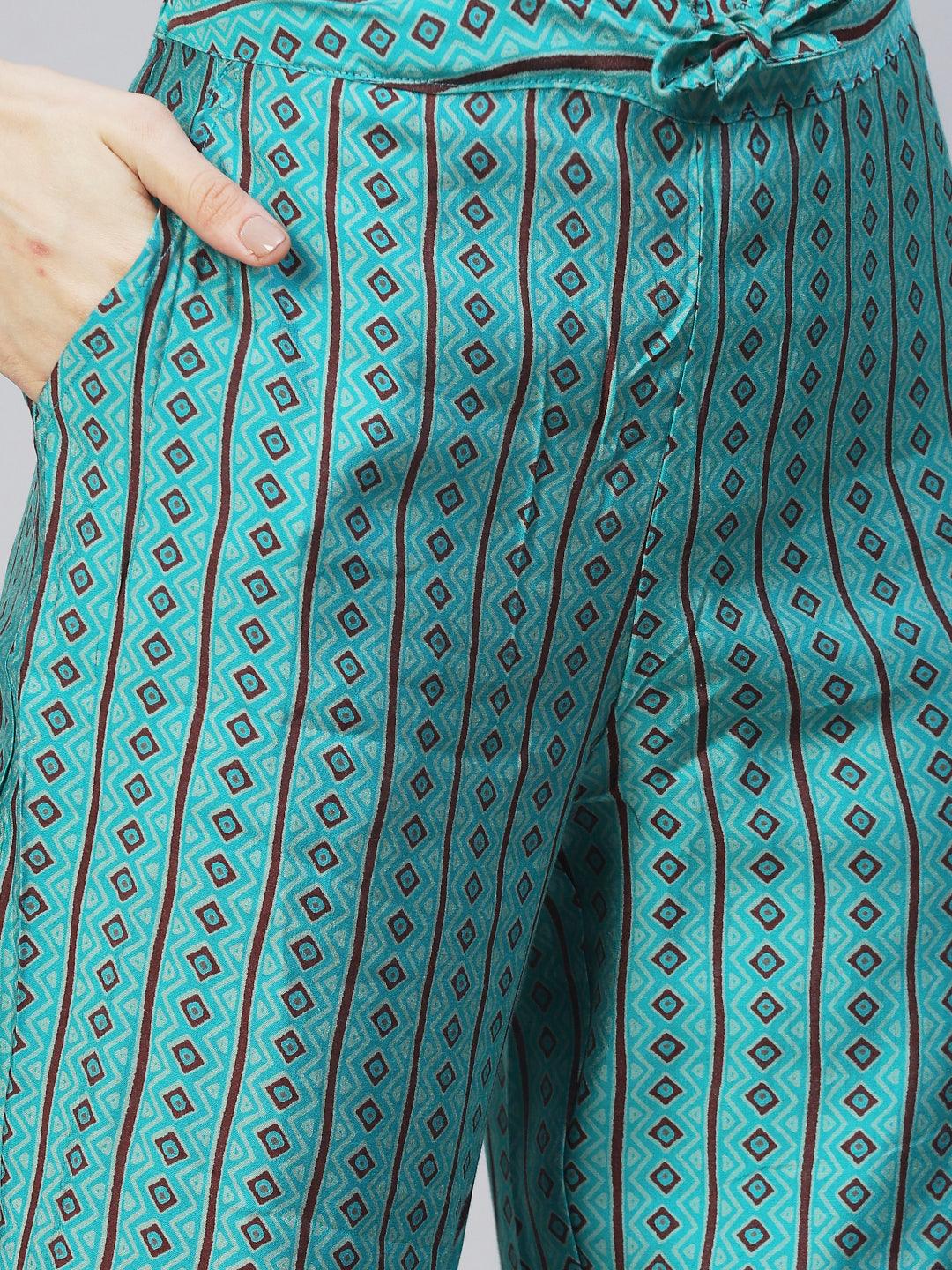 Ethnic Printed & Embroidered A-Line Kurta with Pants - Turquoise - Indiakreations