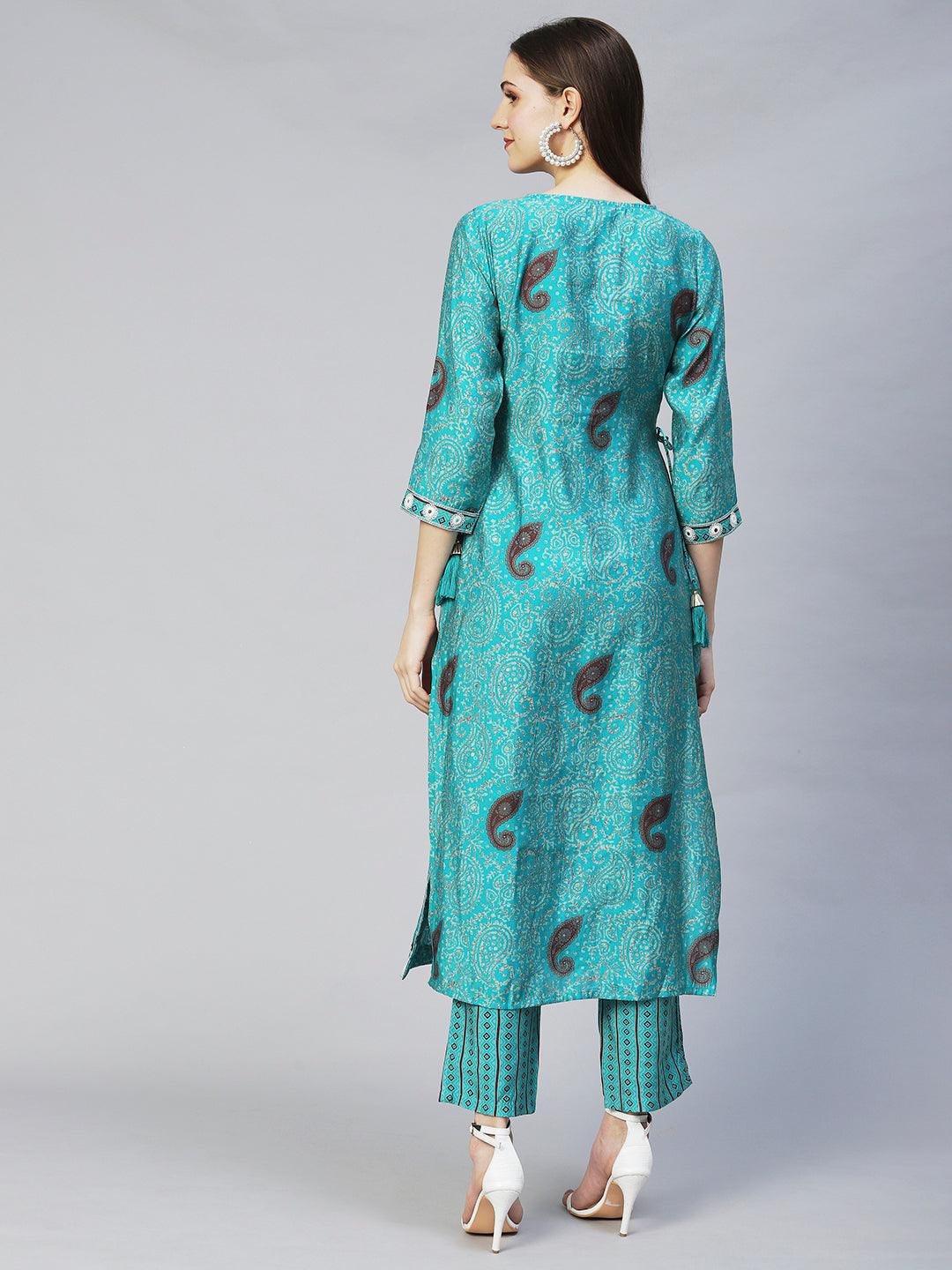 Ethnic Printed & Embroidered A-Line Kurta with Pants - Turquoise - Indiakreations