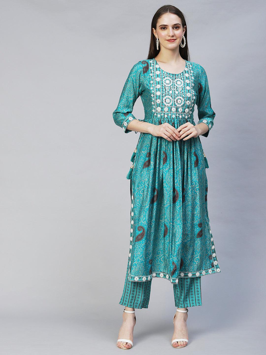 Ethnic Printed & Embroidered A-Line Kurta with Pants - Turquoise - Indiakreations