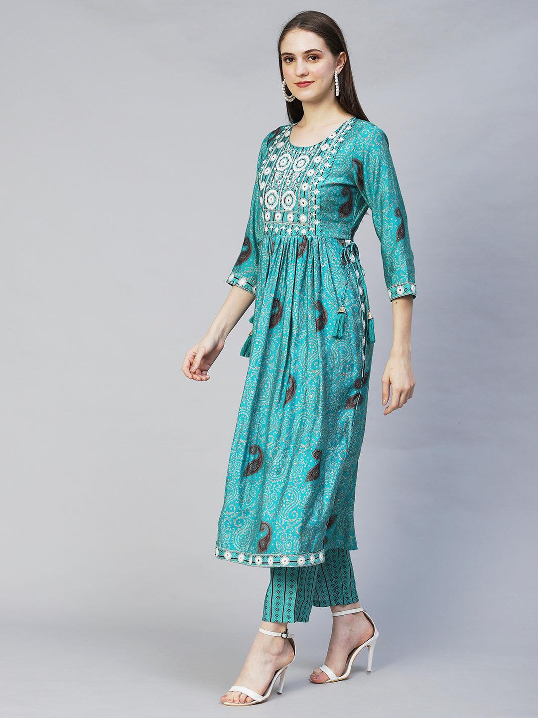 Ethnic Printed & Embroidered A-Line Kurta with Pants - Turquoise - Indiakreations