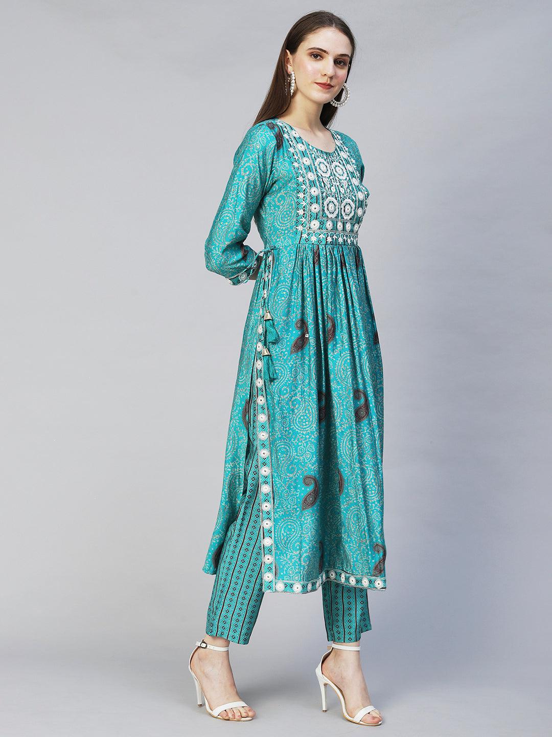 Ethnic Printed & Embroidered A-Line Kurta with Pants - Turquoise - Indiakreations