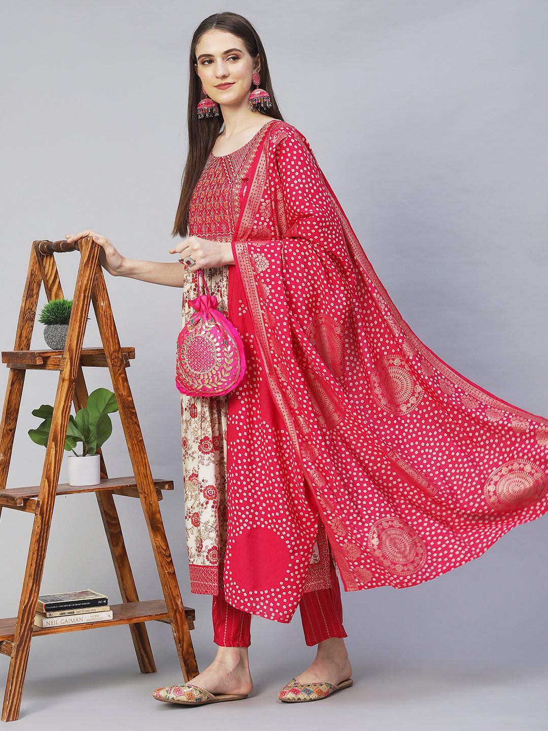 Floral Printed & Embroidered A-Line Kurta with Pants & Dupatta - Cream - Indiakreations