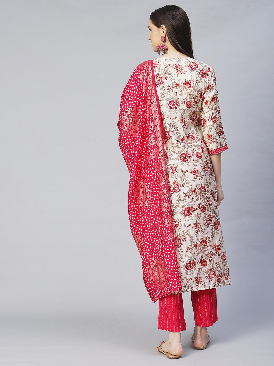 Floral Printed & Embroidered A-Line Kurta with Pants & Dupatta - Cream - Indiakreations