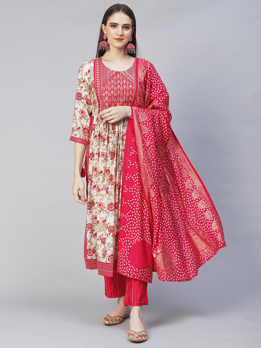 Floral Printed & Embroidered A-Line Kurta with Pants & Dupatta - Cream - Indiakreations